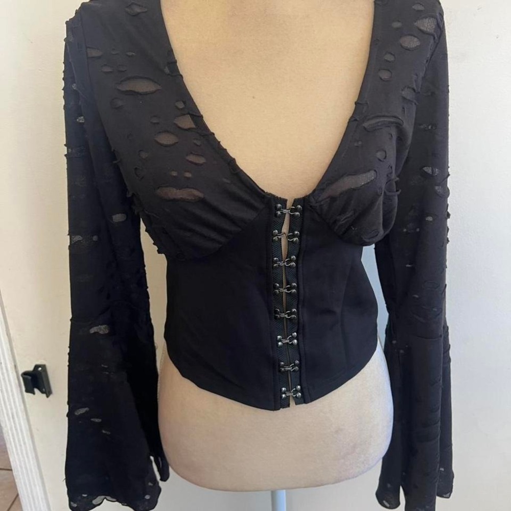 Killstar Mourning Glen Top Black Distressed Bell Sleeve Corset Hook Eye XL